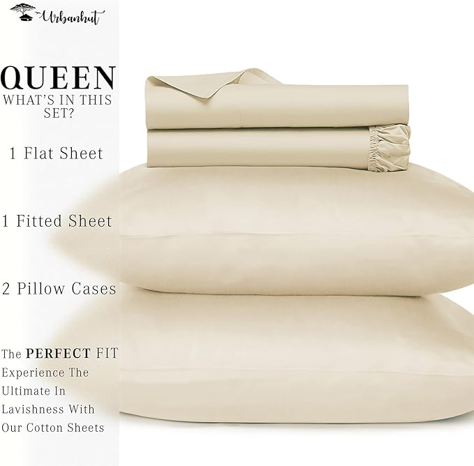URBANHUT 700 Thread Count Queen Sheet Set Egyptian Cotton Sheets, 4Pc Sheet Set Soft Luxury Bed Sheets for Queen Size Bed, Sateen Weave Hotel Sheets, 16'' Elasticized Deep Pocket - Ivory