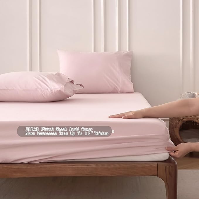 6PS Linen Like Bedding Sheet Sets Greyish Pink Cotton Bedding Set Oeko-TEX Standard 100% Washed Cotton Deep Pocket King Size Fitted Sheet Plus Cozy Flat Sheet and 4 Pillowcases