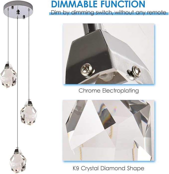 3 Lights Pendant Light Fixture, Cluster Crystal Pendant Lighting Chrome, Modern Dimmable Triple Pendant Chandelier for Kitchen Island, Dining Room