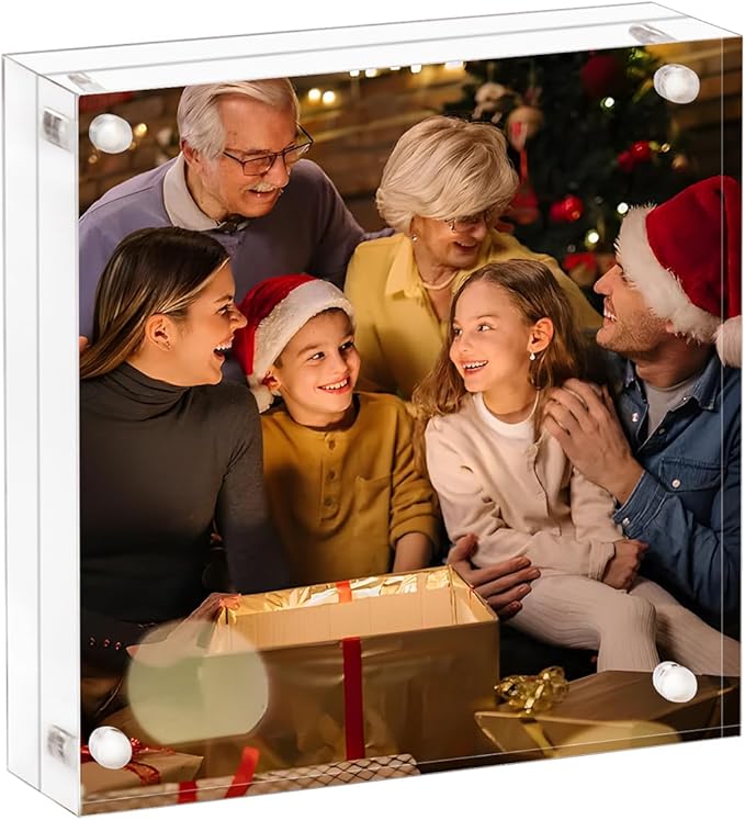 AMEITECH Acrylic Picture Frame 8x8, Clear Double Sided Frameless Photo Frame with Magnetic, Free Standing Desktop Acrylic Frame Display, Lucite Frame with Gift Box Package, 12+12mm Thickness - 1 Pack