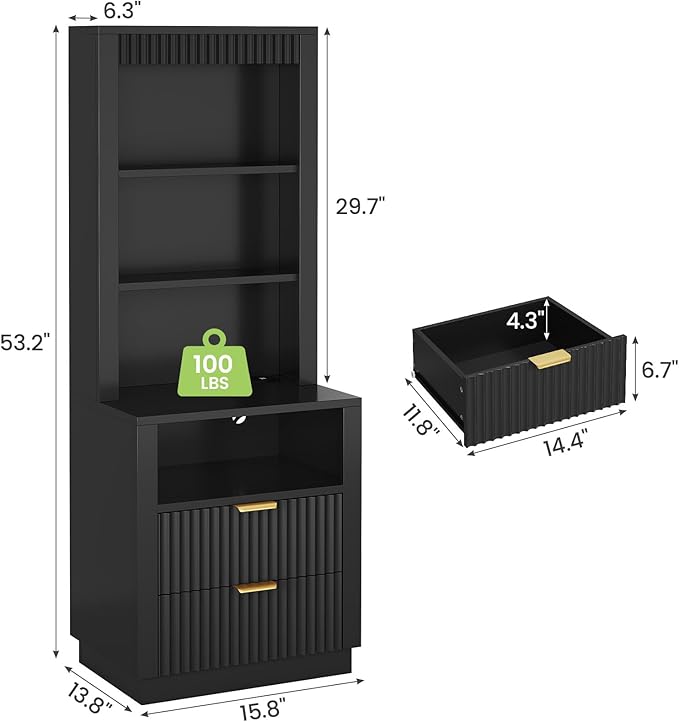 ADORNEVE Tall Fluted Nightstand, Side Table with Drawers & Open Shelf, Mid Century Modern Night Stand with Metal Handle, Wooden Bedside End Table for Bedroom,Living Room,Black