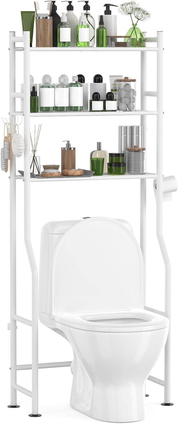 3-Tier Over The Toilet Storage with Paper Holder, Metal Bathroom Organizers and Storage for Small Space, Freestanding Bathroom Shelves with 4 Hooks, Above The Toilet Storage Shelf, White