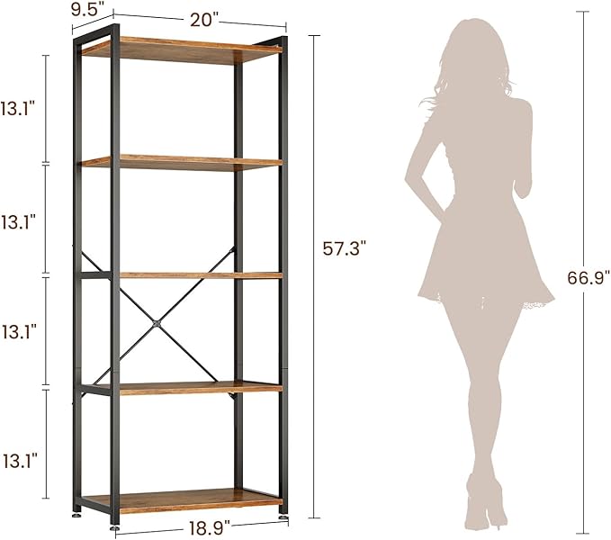 Casaottima Book Shelf, 5 Tier Bookshelf, Modern Wood Bookcase Shelves for Bedroom, Industrial Display Shelf for Living Room Home Office Kitchen, Standing Shelving Unit Storage Organizer, Vintage