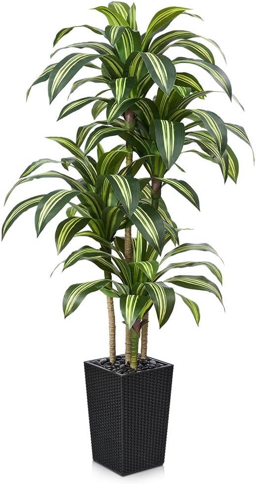 Artificial Dracaena Tree 6FT - UV Resistant Faux Tree with Large Taper Planter & Pebbles - Tall Fake Plants Indoor & Outdoor, Potted Floor Plant for Home Living Room Porch Decor, VN127