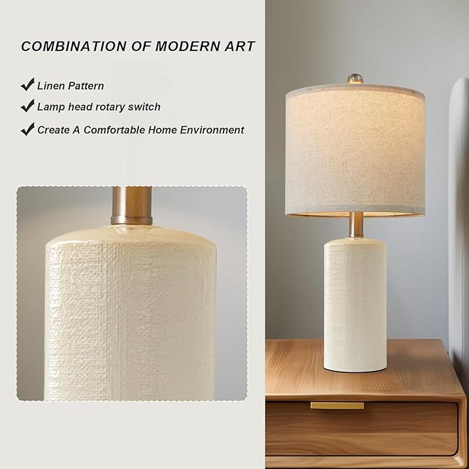 20.25" Small Single Table Lamp for Bedroom Modern Ceramic Nightstand Lamp Farmhouse Bedside Lamp Boho Living Room Lamp White End Side Table Lamp
