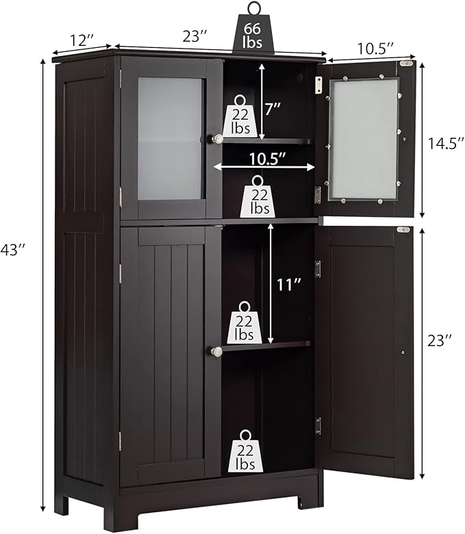 GOFLAME Bathroom Storage Cabinet, Freestanding Storage Cabinet with 4 Doors, Wooden Kitchen Cupboard with Adjustable Shelf, Buffet Sideboard, Multipurpose Home Organizer for Bathroom, Kitchen, Brown