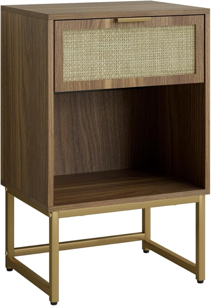Masupu Rattan Nightstand,Modern Night Stand Boho Farmhouse Wood Bedside Table with Storage Drawer Side End Table for Bedroom,Living Room,Office,Walnut Brown