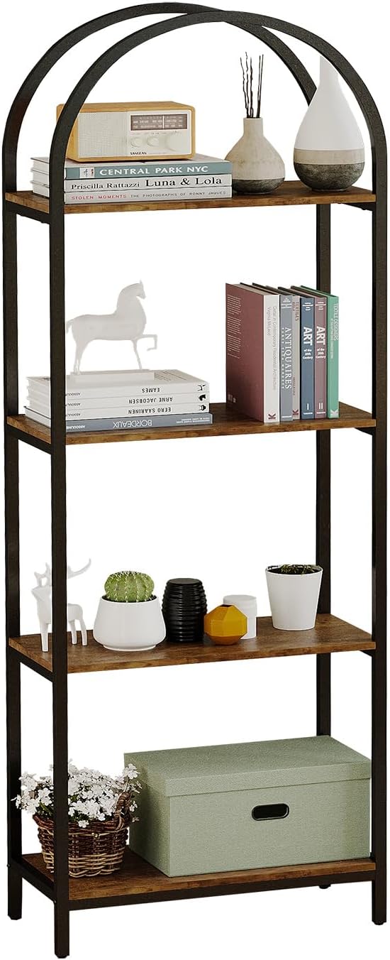 Bookshelf Arched Bookcase, Industrial Curved Metal Book Shelves, 72" Tall Freestanding Open Storage Shelf Display Rack for Living Room Home Office, Rustic Brown, 4-Tier