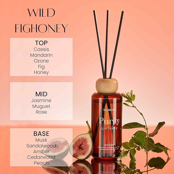 ‌M&SENSE Wild Fig Honey Reed Diffuser: 6.3 fl oz Fig & Lotus Scented Aroma Set with Light & Subtle Fragrance, Long-Lasting Non-Toxic Natural Essential Oil Diffuser for Office Shelf Decor Small Spaces