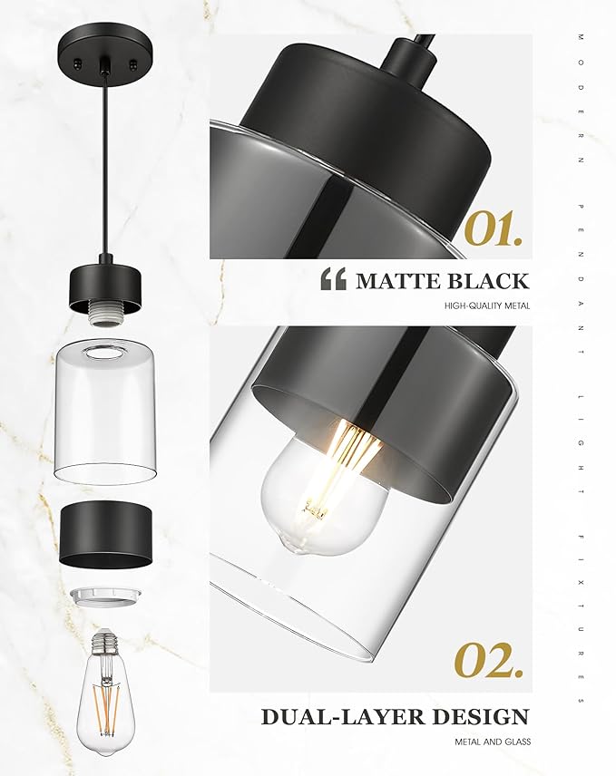 2-Pack Pendant Lights Kitchen Island, Dual Shade Hanging Lights Fixtures with Metal and Clear Glass, Modern Matte Black Kitchen Pendant Lighting Over Island for Dining Room, AD-24022-1P2-BK