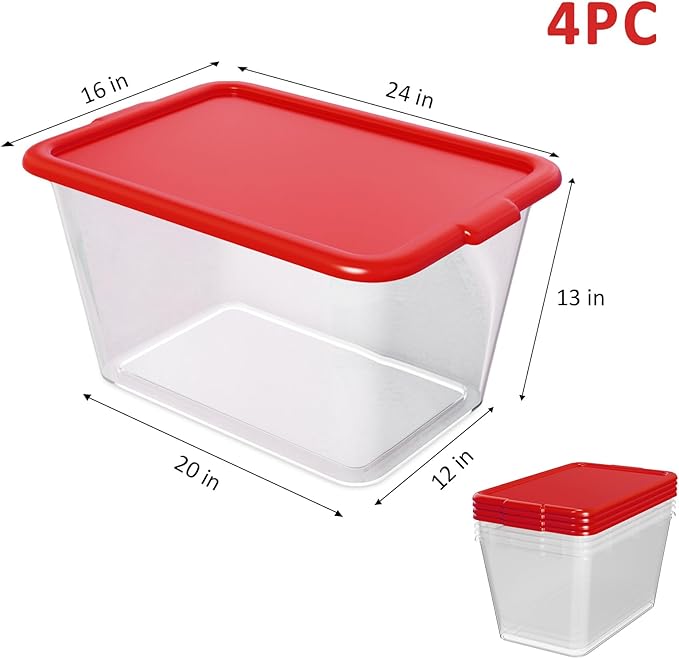 Storage Totes with Lids - Made in USA 14.5-Gallon (58-Quart) 4-Pack storage bins with lids plastic storage containers large storage boxes for Organizer Red/Clear