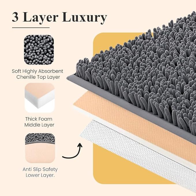 MAYSHINE Plush Shaggy Chenille Bath Mat | Extra Soft, Super Absorbent, Non-Slip Bathroom Rug | Fluffy Microfiber, Area Rug Sets for Bathroom Floor, Kitchen, Living Room | 59"x31" | Grey