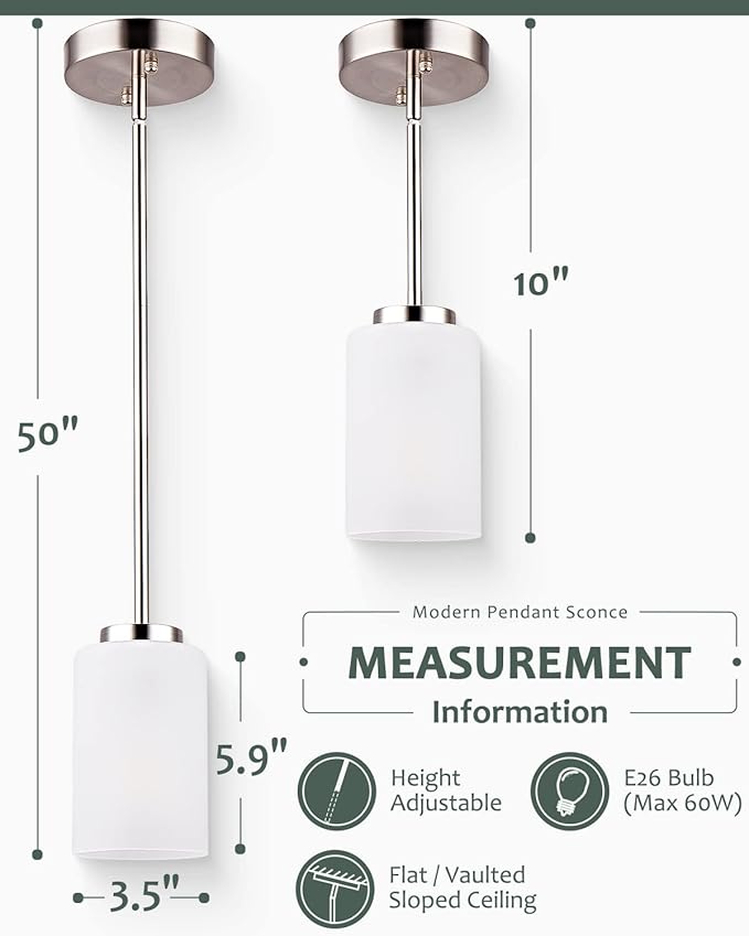 1-Light Mini Pendant Light Fixtures, Industrial Chandelier Hanging Ceiling Lights with Opal White Shade, Adjustable Height, Brushed Nickel Pendant Lighting, 5 Pack