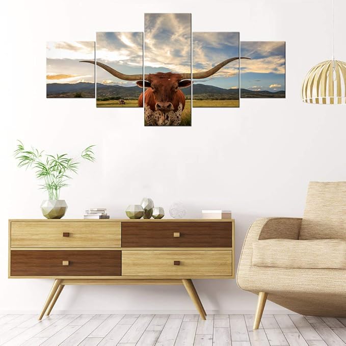 Modern Longhorn Wall Decor Artwork Longhorn Steer in Rural Utah Picture Prints on Canvas Wall Art Modern Animal Giclee Artwork Stretched and Framed Ready to Hang for Home Decor - 50''W x 24''H
