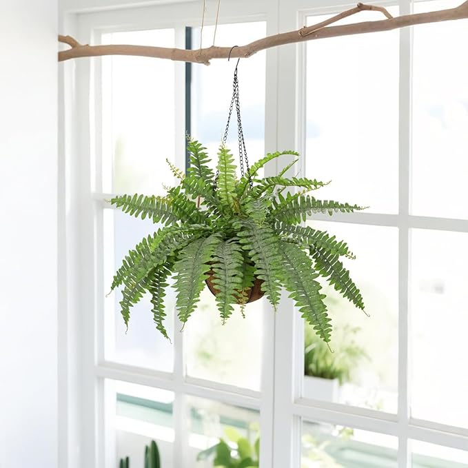 Fake Hanging Plants Large Boston Fern Artificial Plants Outdoor Realistic Fake Ferns with Palm Basket Silk Plants Ferns Hanging Plant Artificial Decor for Home Front Porch Window Garden - Dusty Green
