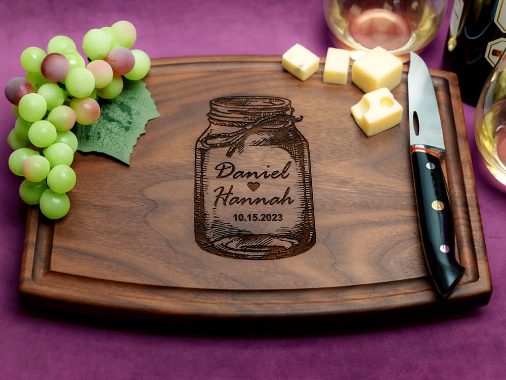 Straga Personalized Cutting Boards | Handmade Wood Engraved Charcuterie | Custom Wedding, Anniversary, Housewarming Gift for Couples (Rustic Jar Design No.020)