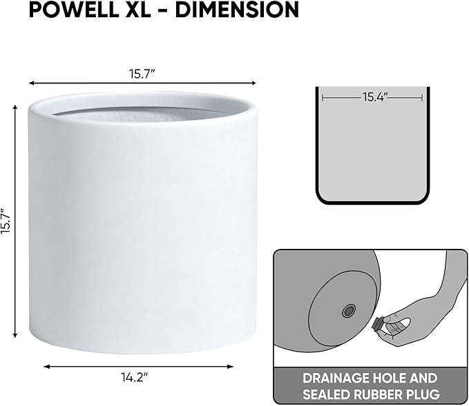 DTY Signature Mount Powell Fiberstone Planter - 16 Inch Extra Large White Cylindrical Mid-Century Modern Home Decor Indoor & Outdoor Plant Pot - Durable Planters for Indoor Plants, Outdoor Spaces
