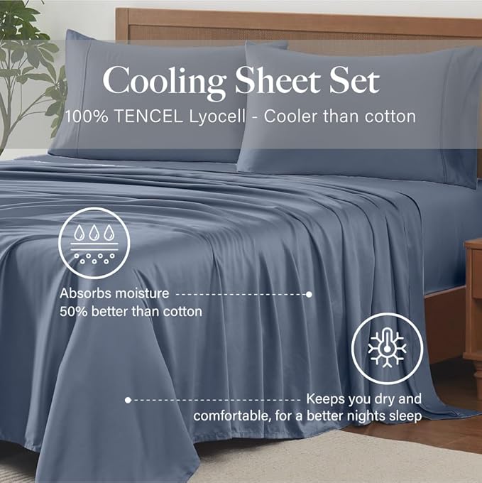 Modern Threads 100% Tencel Lyocell 4-Piece Sheet Set, 400 Thread Count Luxury Bedding, Blue, Queen