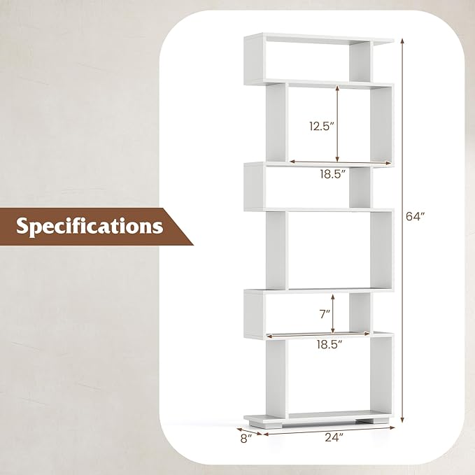 Tangkula 6-Tier S-Shaped Bookshelf, 64" Freestanding Geometric Bookcase, Home Office Wood Storage Shelf with Anti-Toppling Device, Room Divider Display Rack for Study, Living Room (2, White)