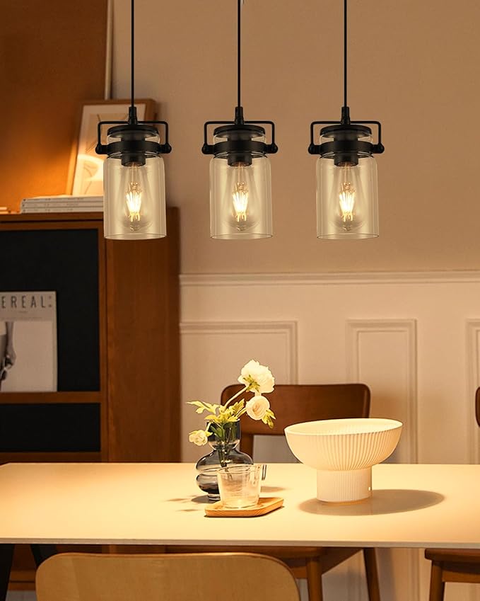 Pendant Lighting for Kitchen Island, Modern Glass Pendant Light Linear Chandelier for Dining Room Industrial Hanging, 3 Light Fixture Adjustable Cord Farmhouse Ceiling Light Black Finish