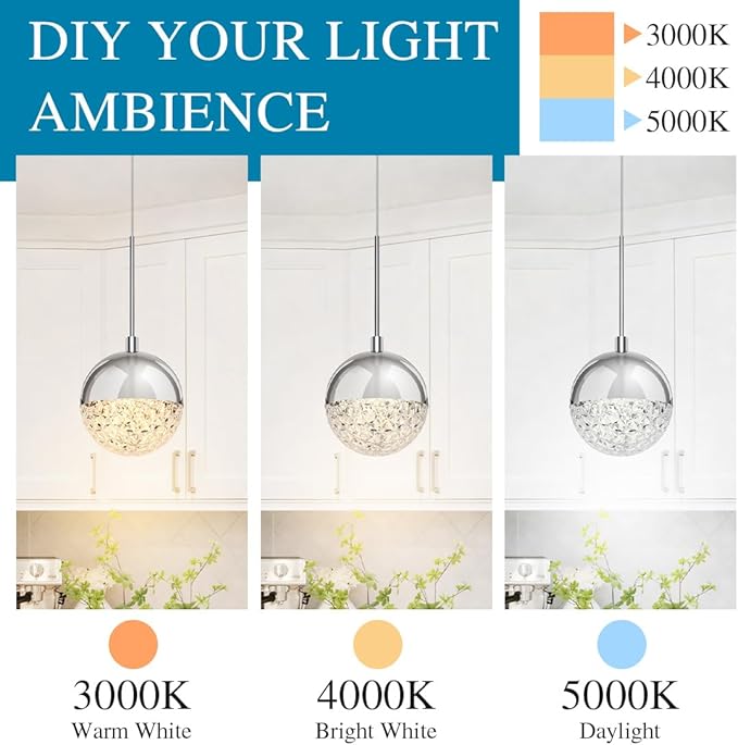 Crystal Pendant Light, Chrome Chandelier for Kitchen Island, Adjustable Modern LED Globe Pendant Light for Dining Room, 8W 3000/4000/5000K CCT Selectable, Dimmable, ETL 1-Pack