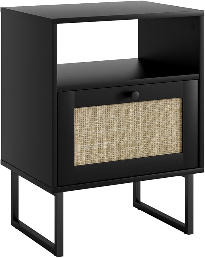 Rattan Nightstand, Mid Century Modern Night Stand,Boho Farmhouse Wood Bedside Table with Storage and Open Shelf, End Side Accent Table for Bedroom,Living Room,Black