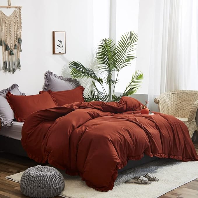 CLOTHKNOW Rust Ruffles Queen Comforter Set Farmhouse Fluffy Bedding Comforter Sets Burnt Orange Comforter Soft Shabby Chic Comforter Vintage Rustic Bedding Sets