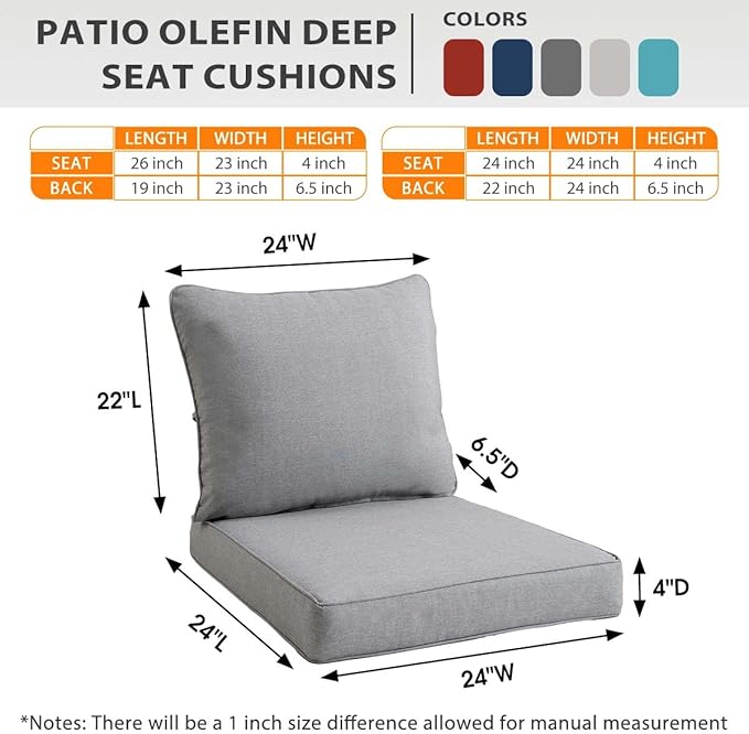 Sundale Outdoor Olefin Deep Seat Cushion Set of 2, Patio Chair Cushion and Pillow, Water-Resistant Sectional Sofa Pad with Straps Light Gray, 24 x 24 x 4 Inches