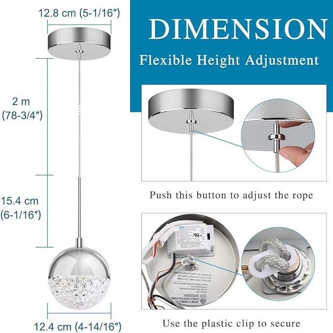Crystal Pendant Light, Chrome Chandelier for Kitchen Island, Adjustable Modern LED Globe Pendant Light for Dining Room, 8W 3000/4000/5000K CCT Selectable, Dimmable, ETL 1-Pack