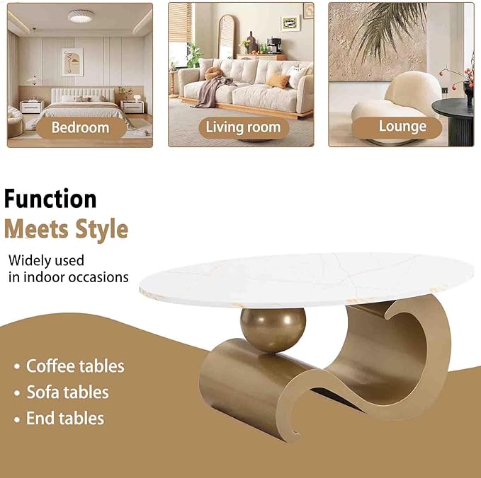 Marble Nesting Coffee Table Set of 2,Modern Oval Center Tea Table and Round Side Nightstand Set w/Faux Marble Top and Metal Frame for Living Room Accent Furniture (Gold)