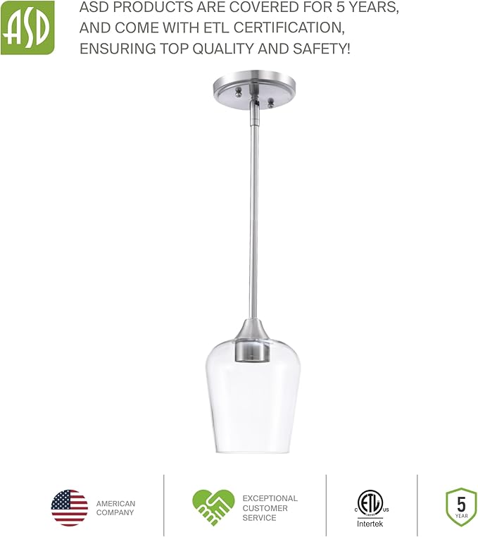 ASD Single Mini-Pendant Ceiling Light Fixture | 60W E26 Socket 120V | Dimmable, LED/CFL/Incandescent Bulbs Compatible, ETL Listed | Hanging Kitchen Island Lighting, Clear Drop Lamp | Nickel