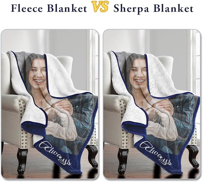 Sherpa Fleece Custom Photo Blanket - Soft, Warm, Fuzzy - Personalized Couples Gifts for Boyfriend, Girlfriend - Customized Picture Blanket for Birthday, Christmas