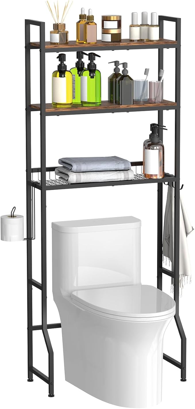 Over The Toilet Storage, Over Toilet Bathroom Organizer 3 Tier, Above Toilet Storage Rack for Bathroom Freestanding Bathroom Space Saver with Metal Frame and 4 Hooks for Laundry, Brown