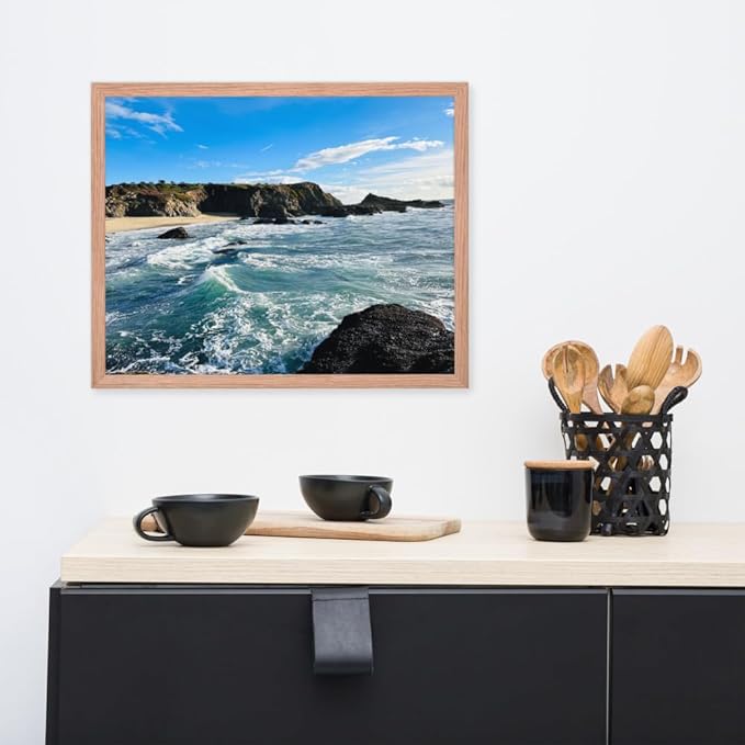 Bodega Bay Coastal Wall Art – Framed Ocean Photography Print – California Nature Landscape Poster – Seascape Decor for Living Room or Bedroom (16x20 inches) - Wooden Framed (Red Oak)