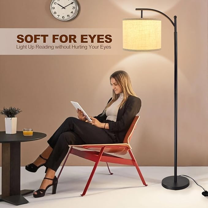 DLLT Modern Arc Floor Lamp, Farmhouse Standing Floor Lamps with Lantern Lampshade, Industrial Tall Reading Light for Bedroom Living Room Office Study, 3 Color Temperatures, Black, 8W Bulb Included