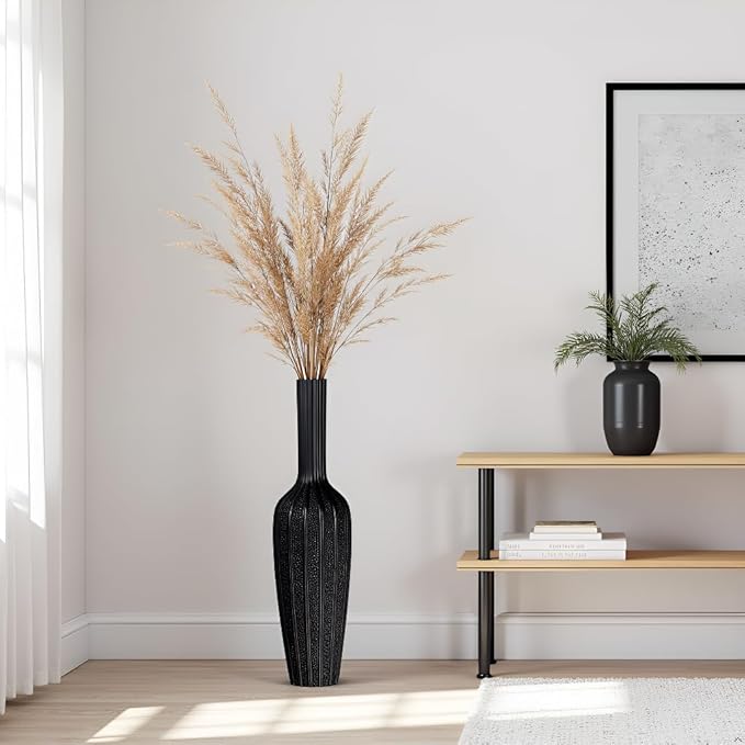Modern Black Floor Vase - 23.62 Inches Tall Decorative Vase for Dried Flowers, Home Decor Accent, Resin Tall Floor Vase