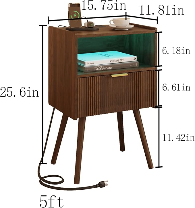 Nightstand, Modern Bedside Table with Charging Station and LED Lights, Night Stand with Storage Drawer and Solid Wood Legs