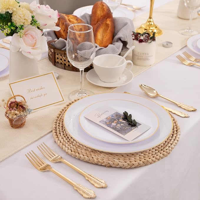 KIRE 100PCS Disposable Plates - White with Gold Rim for Party/Wedding - Includes 50Pieces 10.25inch Dinner and 50Pieces 7.5inch Dessert/Salad Plates