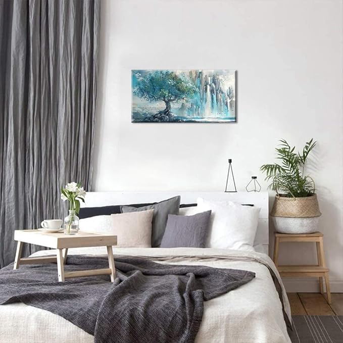 Turquoise Mountains and Tree Wall Art Decor Artwork for Bedroom (20x40 Inches)