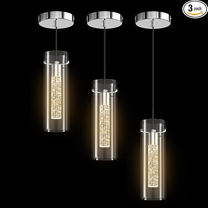 Aipsun Pendant Lights Kitchen Island 3 Pack Crystal Bubble Glass Hanging Light Fixtures 3000K Modern LED Kitchen Pendant Lighting Fixtures Ceiling