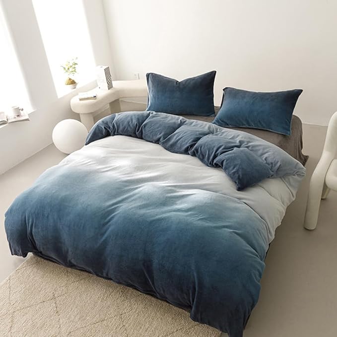 CLOTHKNOW Blue White Fluffy Comforter Sets Twin/Twin XL Dark Blue Velvet Bedding Comforter Sets Blue White Bedding Sets Soft