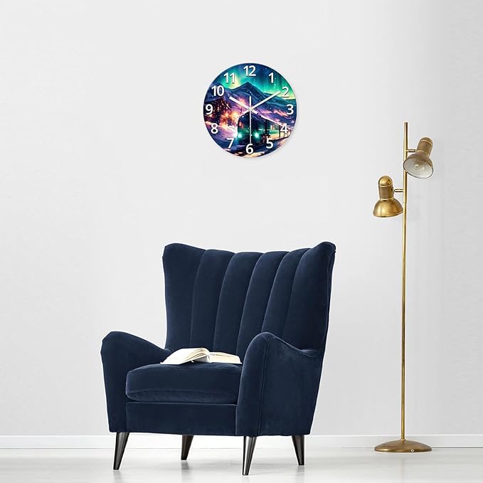 XNM Round Train Clocks Battery Operated 14 Inch Modern Teal Analog Wall Clock for Kitchen Polar Lights Glass Wall Clock Silent