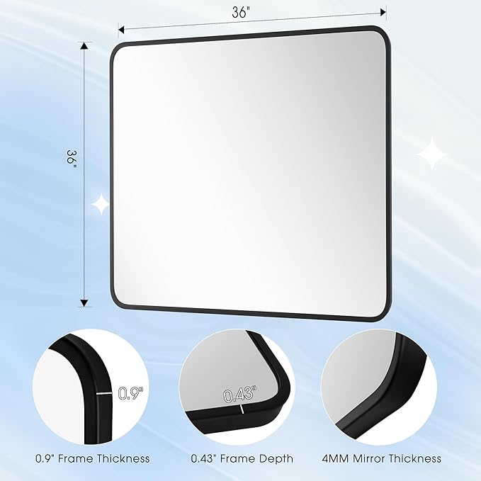 36x36 Inch Rectangle Bathroom Mirror with Black Metal Frame, Rounded Corner Rectangular Vanity Mirror for Wall, Modern Large for Bedroom, Living Room, Horizontal or Vertical