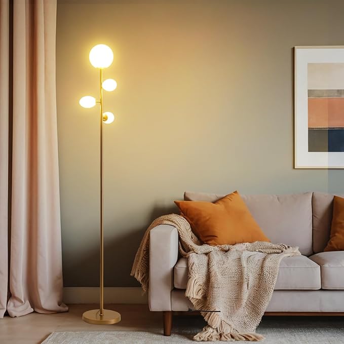Fiqevs 4 Globe Mid Century Floor Lamp with LED Bulbs & Frosted Glass Lampshade, Modern Gold Tree Standing Lamp, Vintage Torchiere Tall Lamp for Living Room, Bedroom & Office