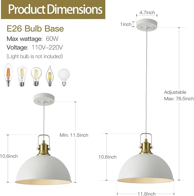12 Inch White Farmhouse Pendant Lights for Kitchen Island Industrial Pendant Lighting Adjustable Height Vintage Dome Hanging Light Fixtures for Barn, Dining Room 2 Packs