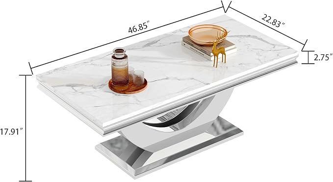 Modern Marble Coffee Table with Stainless Steel Pedestal, 47" Luxury Silver Coffee Table for Living Room, Unique Faux Marble Cocktail Table Rectangle Funky Coffee Center Tables for Living Room