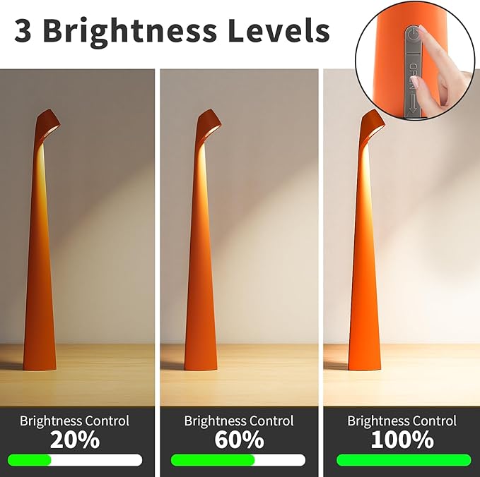 Portable Cordless LED Desk Lamp, Rechargeable Wireless Table Lamp, 3-Level Brightness, Patio & Bedside Night Light, Dining Room Ambient Reading Light (Orange)