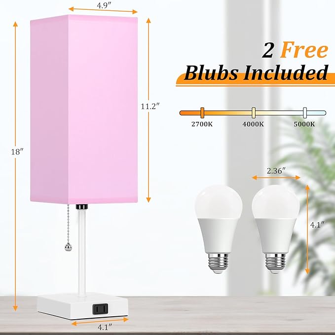 Table Lamp for Bedroom set of 2,3-Color Bedside Lamps with Pull Chain Table Lamps for Nightstand with AC Outlets,18'' Night Light Lamps with 2 Bulbs Lamps for Living Room Kids Office Decor（White-pink）
