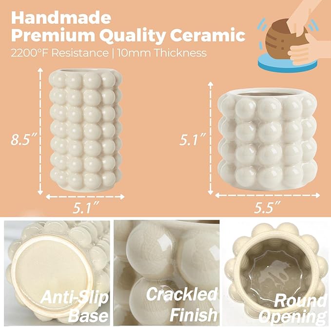 Bubble Vases, Set of 2 Ceramic Vase for Flowers, Boho Ceramic Flower Vases for Decor, Tall Bubble Vase for Living Room, Dining Table, Wedding, Mantel, Coffee Table(Beige)