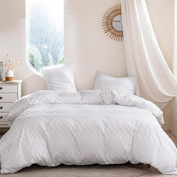 CLOTHKNOW White Tufted Full Size Comforter Sets Farmhouse Bedding Comforter Sets Shabby Chic Comforters Soft Boho Comforter with 2 x Pillow Cases